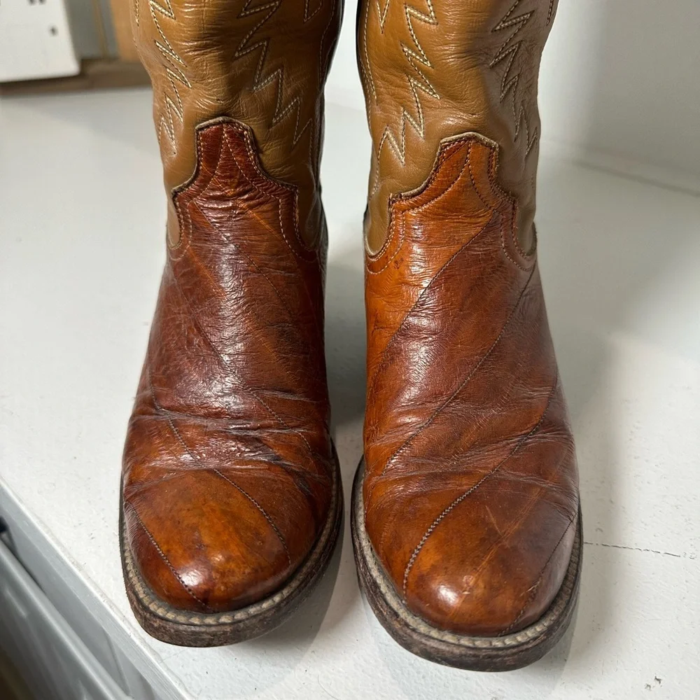 Vintage Renegade Cowboy Boots Youth Girls Size 4 Eel Skin Foot Brown Western - Picture 3 of 11
